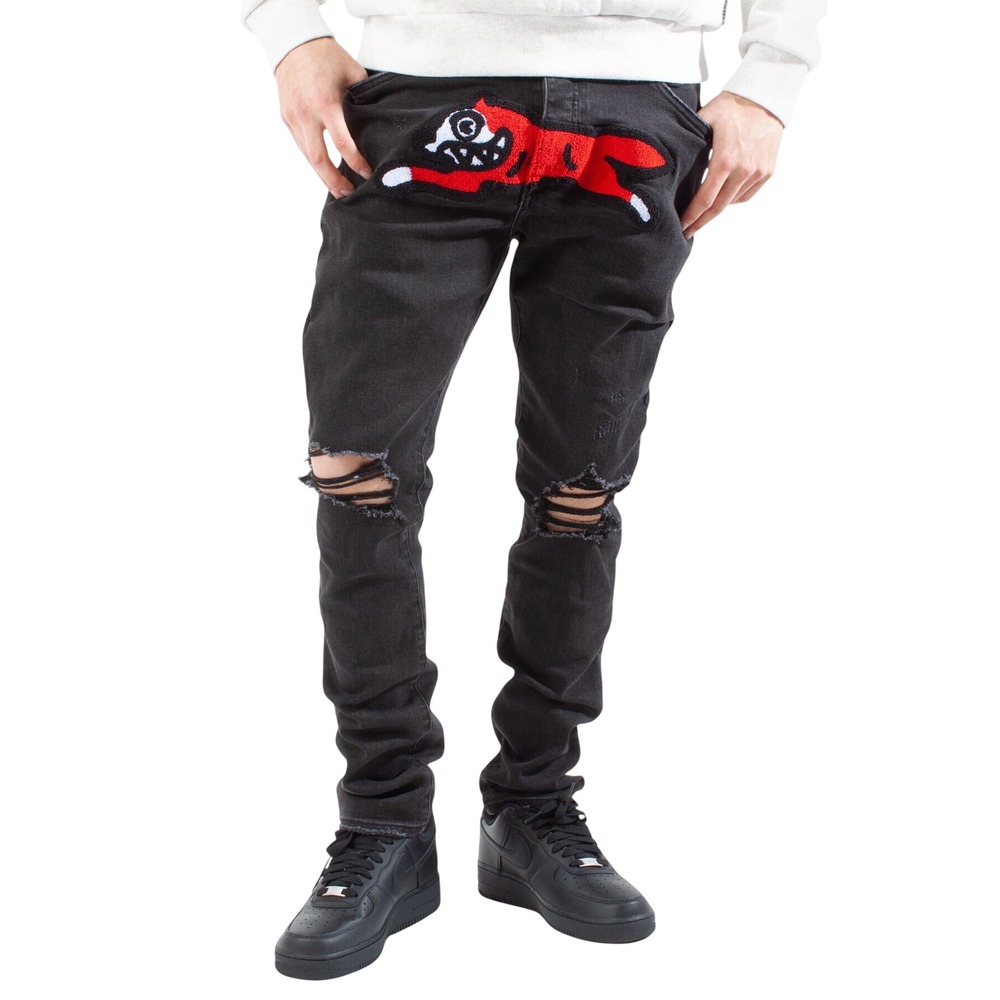 447. Ice Cream Running Dog Skinny Jeans Black/Red Men's Size 36 Denim